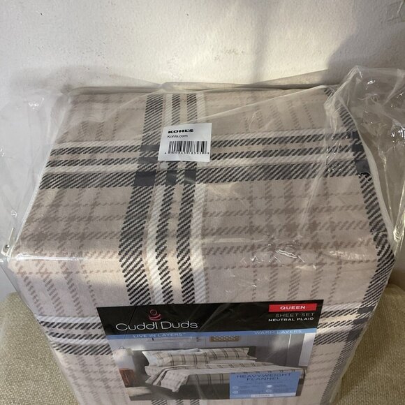 Cuddl Duds Queen Heavyweight Flannel Sheet Set Neutral Plaid Queen Size - Picture 4 of 6